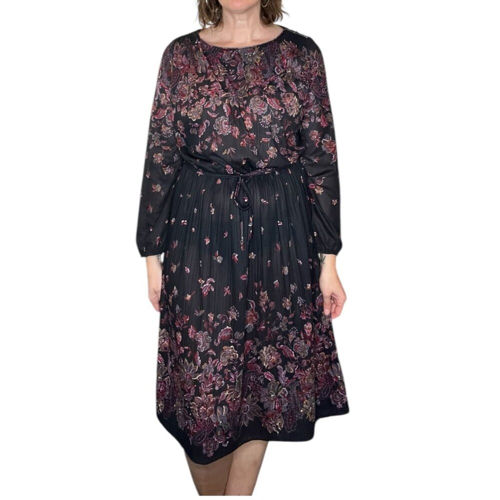 Vintage 1970s Malouf of Dallas Floral Midi Dress Long Sleeve Black Multicolor Me